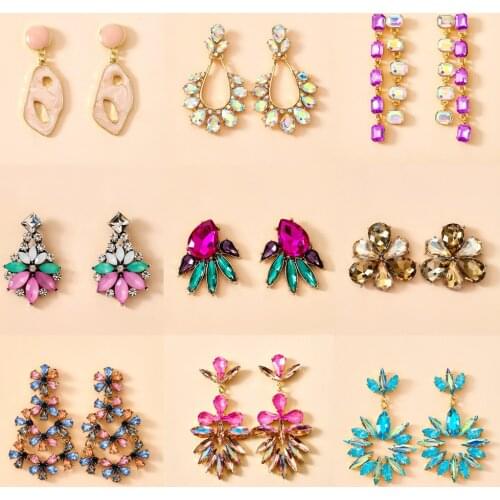 Lady Crystal Flower Stud Earrings Gorgeous Flower Drop Tassel Long Ear Stud Full Crystal Rhinestone Zircon Earrings Jewelry