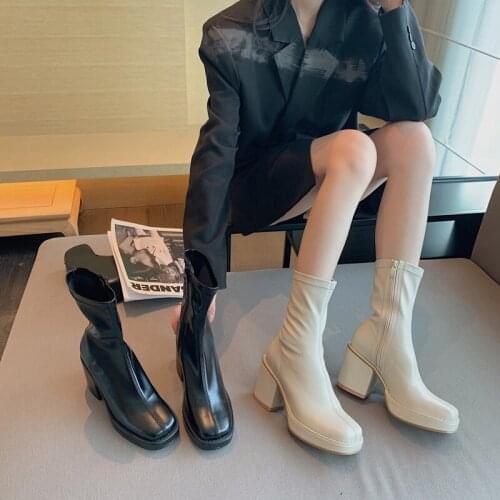 2021 autumn and winter new square toe waterproof thick sole thick high heel solid color side zipper boots ankle boots women