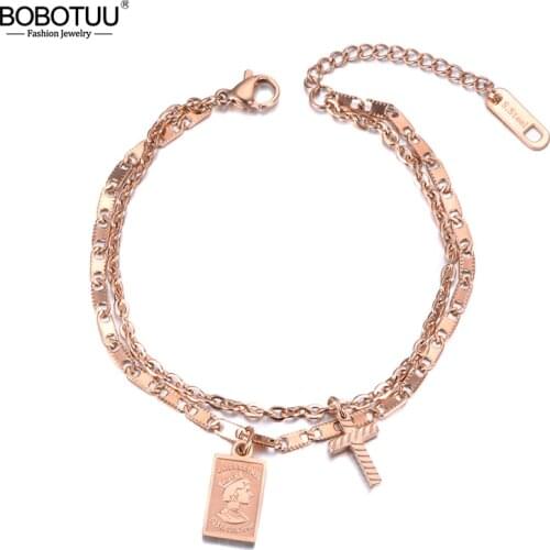 BOBOTUU Double Layer Retro Cross Tag Charm Bracelet Elizabeth Coin Jewelry Titanium Steel Chain & Link Womens Bracelet BB19043