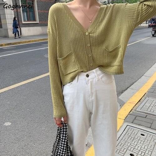 Women Solid Cardigan Long Sleeve Crop Tops Summer Thin Outwear V-neck Single Breasted Pockets Sun-proof Knitted Outwear Leisure