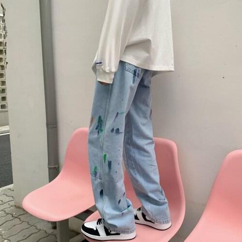 2021 Mens Loose Printing Straight Pants Baggy Homme Casual Pants Cargo Pocket Jeans Biker Denim Streetwear Trousers Size S-2XL