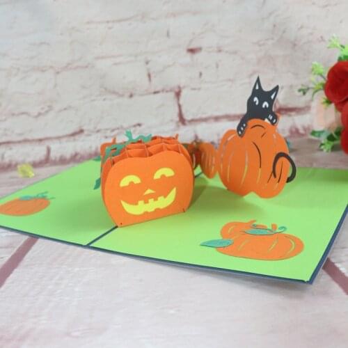 3D Laser Cut Handmade Smile Pumpkin and Black Cat Paper Invitation Greeting Card Postcard Halloween Party Children Creative Gift