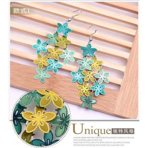 6 colors wholesale Bohemia unique style long big copper corrosion colorful Hollow spacer flower drop earring jewelry