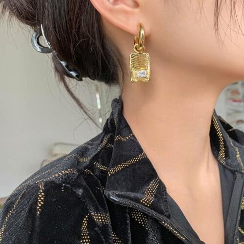 AAA Zircon Square Statement Drop Earrings Brass With 18K Gold Women Jewelry Punk Party Gown Runway Korean Japan Ins Trendy