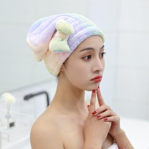 Dry Hair Towel with Bowknot Shower Cap Super Absorbent Quick-drying Hair Cap Bath Accessories for Women Coral Velvet