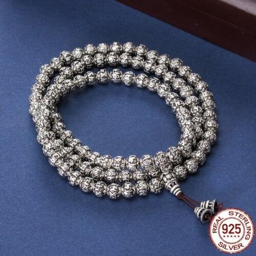 S999 sterling silver bracelet for men&women Six character truth bracelet 108 pure silver beads retro Buddha beads Jewelry Gifts