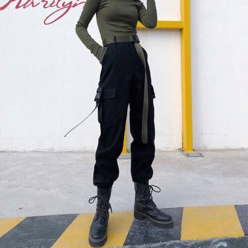 Black Streetwear Cargo Pants Women Casual Joggers Black High Waist Loose Female Trousers Korean Style Ladies Pants Streetwear