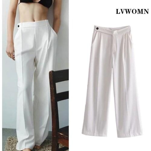 LVWOMN Za Pants 2021 Women Spring White High Waist Wide Leg Pants Woman Elegant Trousers Pocket Loose Female Casual Pants Mujer
