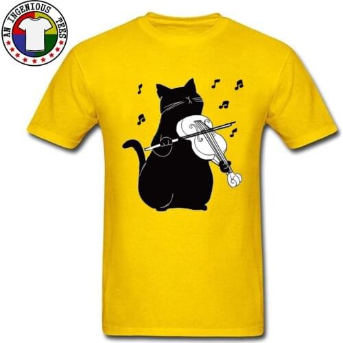 Cute Cat Playing Violin Guitar T Shirt Funny Musician Cat Miaow Kitten Art Design Tshirts For Men Youth Fashion Casual TeeShirt