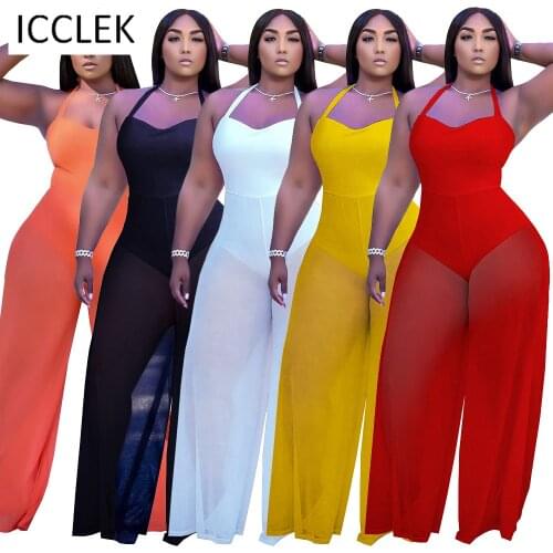 ICCLEK Wholesale Items Plus Size Summer Women Fashion Solid Color Double Fabric Stitching Strappy Halterneck Jumpsuit