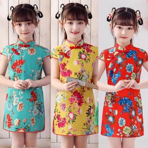 Girls Chinese Traditional Dress Children 2021 Summer Short Sleeve Vintage Cheongsam Baby New Year Party Cotton Qipao Dresses