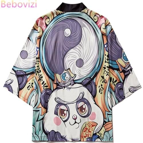Japanese Anime Panda Kimono Pants Set Cardigan Cosplay Shirt Blouse for Women Yukata Summer Beach Haori Clothes Traditional