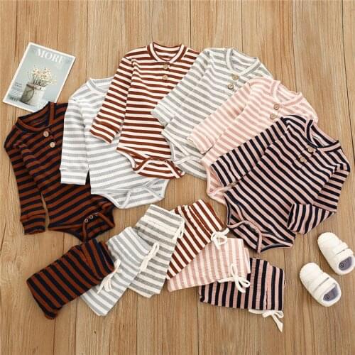 Spring Autumn Newborn Baby Boy Girl Clothes Sets Striped Print Long Sleeve Button Romper Tops Long Pant Trouser 2PCS