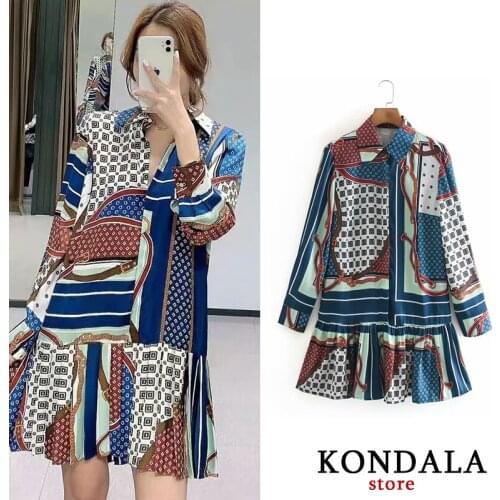 KONDALA Women Dress Za Geometric Print Vintage Mini Party Dress Long Sleeve Loose Ruffles Shirt Dresses Female Casual Vestidos