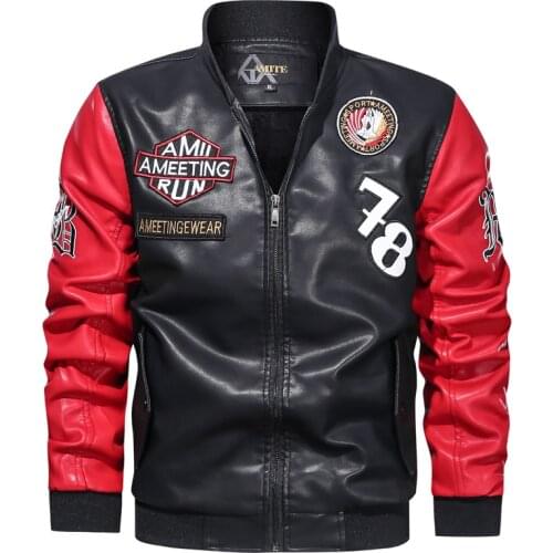 Color Matching Trendy Stand-up Collar Motorcycle PU Leather Jacket Mens Fashion Large Size Jacket Winter New Leather Jacket
