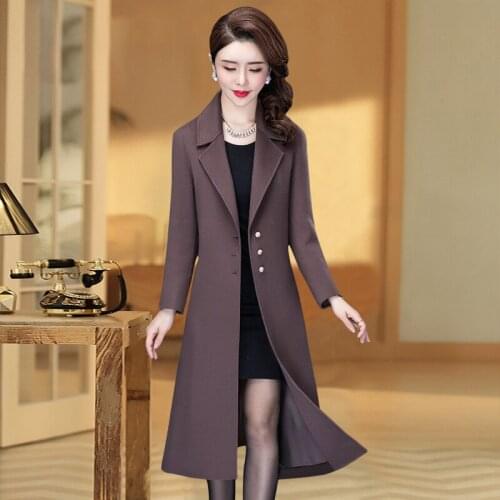Middle-aged mother Spring Autumn Wool Jacket Elegant Slim Temperament Long Coat Solid Casual Female Winter Windbreaker Outwear