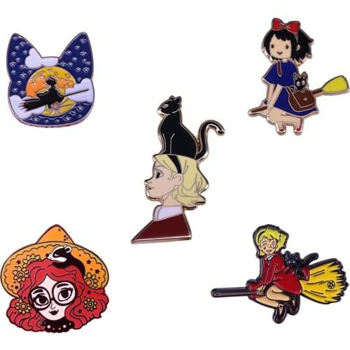 Little witch enamel pin black cat brooch cute girl magical badge Halloween witchcraft jewelry