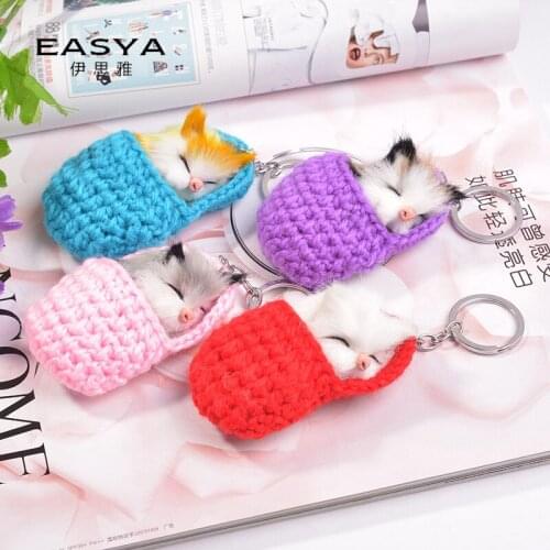 Cute Sleeping Mouse Pompom Keychains For Women Girls Handmade Woven Shoes Faux Rabbit Fur Kitten Key Chains Fluffy Car Key Rings