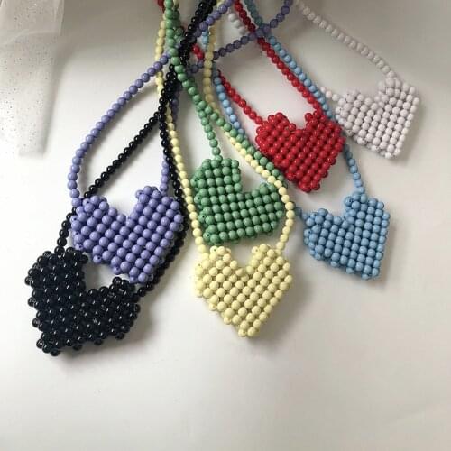 Fashion Mini Heart Shape Handmade Beaded Change Lipstick Single Shoulder Oblique Mouth Female Bag Colorful Pearl Messenger Bag