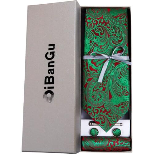 New Fashion Green Paisley Floral Red Mens 8cm Silk Woven Tie Wedding Party Necktie Pocket Square Cufflinks Set Men Gift DiBanGu
