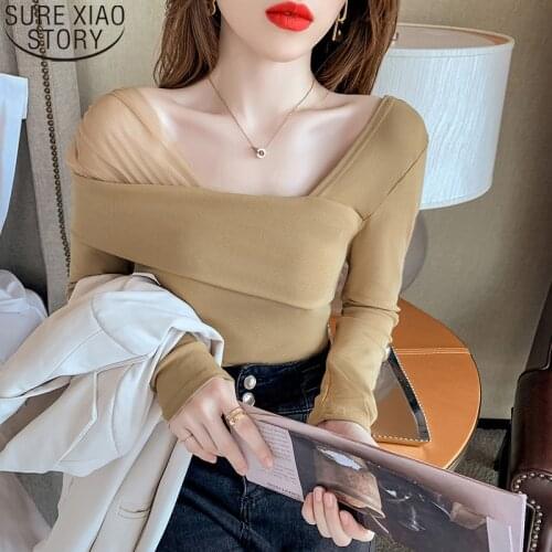 2021 Autumn New Short T-shirt Long Sleeve Shirt Square Collar Bottoming Shirt Cotton Slim Clothes Office Lady Blusas Mujer 15807