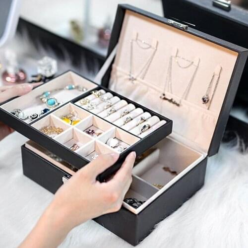 New Design Pu Leather Jewelry Box Double-Layer Wooden Case Princess Display Holder Women Gift with Lock
