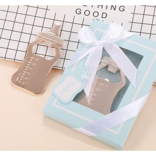 Wholesale price Gold Baby Bottle Bottle Opener Pink Blue Box Return Gifts for Guests Birthday Party Supplies