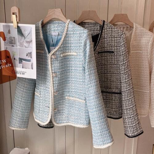 Autumn Tweed Jacket Women Metal Button Elegant Vintage Fashion Outwear Female Temperament Celebrity Ladies Short Coats