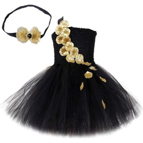 Gold Flower Petals Princess Dress for Girls Kids Evening Party Dresses Black Halloween Costumes Girl Birthday Outfit with Cloak