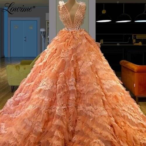 Luxury Orange Evening Dresses A Line Tiered Turkish V Neck Beaded Pearls Prom Dress 2020 Couture Runaway Celebrity Party Gowns