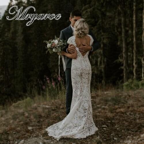 Mryarce Boho Bride Vintage Crochet Lace Wedding Dress Open Back Mermaid Bridal Gowns With Cap Sleeves