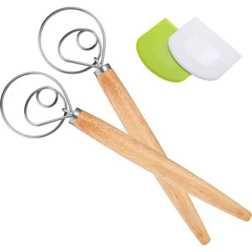2 Pack Danish Dough Whisk,13inch Stainless Steel Dutch Whisk Wooden Handle for Bread, Pastry or Pizza Dough Baking Tool