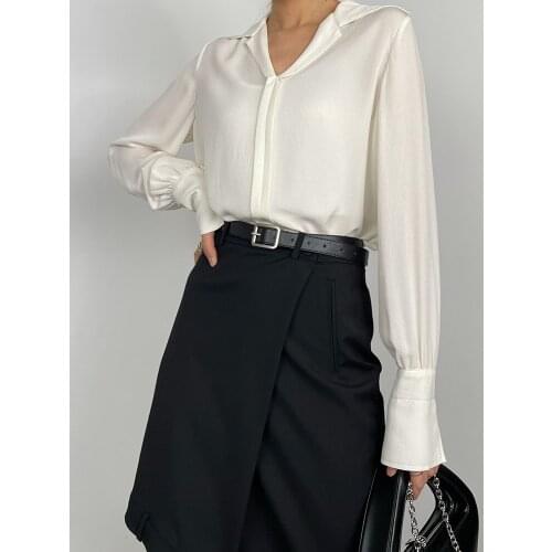 Oeuvrey Womens Real Mulberry Silk Long Sleeve Blouse Tops Loose Fit Plain Shirts