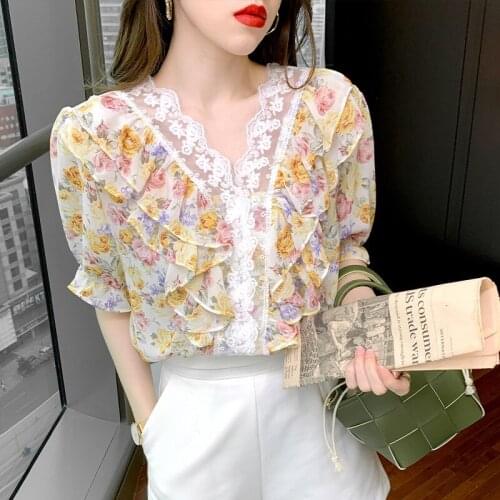 Women Blouses Summer 2021 New Western Style Lace Stitching v-neck Sweet Floral Falbala Chiffon Blouse Female New SZH919835