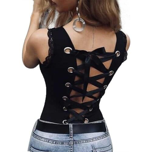 Hollow Out Camisoles for Women 2021 Fashion Sexy Backless Bandage Tank Tops Black Casual Slim Fit Top Female Sexy Lace Trim Vest