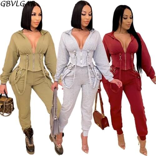 Women Buckle Solid Lace-up Two Piece Sets Ladys High Waist Sweatpants And Slim Waist Zipper Hoodies Casual Tracksuits Outfits