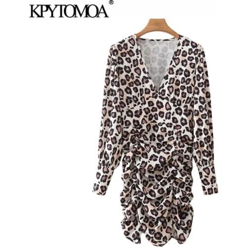 KPYTOMOA Women 2021 Fashion Leopard Print Pleated Fitted Mini Dress Vintage V Neck Long Sleeve Female Dresses Vestidos Mujer