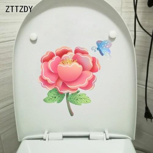 ZTTZDY 21.1*21.7CM Red Peony Flower Butterfly Cartoon Toilet Seat Sticker Children Room Wall Decal T2-0254