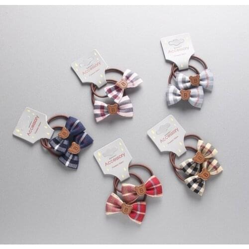 2PCS Cute New Lattice Small B Bear Bowknot Hair Circle Elastic Hair Bands Handmade Girls Women Barrette Hair Accessories