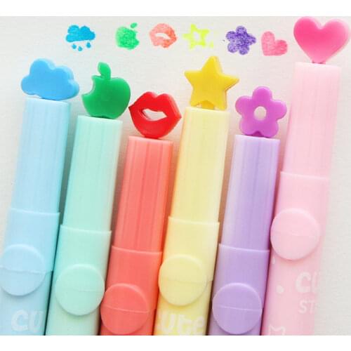 6 Color Set Lovely Stamp Seal Highlighter Art Graffiti Marker Colored Watercolor Pen Office School Decoration Kawaii Stationery