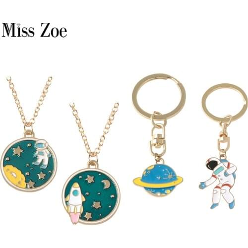 Childlike Space Travel Pendant Necklace Keychain Cartoon Astronaut Rocket Planet Chains Cute Universe Keyring Jewelry gift Kids