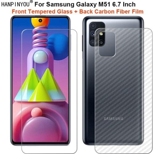 For Samsung Galaxy M51 (No Rear Fringerprint) 1 Set = Soft Back Carbon Fiber Film + Clear Tempered Glass Front Screen Protector