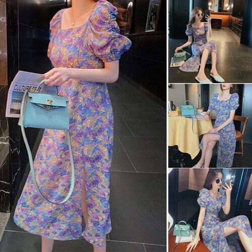 Purple Puff Sleeve Dress Women Hem Fork Floral Waist Long Skirt All-Matched and Comfotable d88