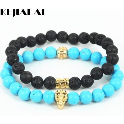 KEJIALAI 2pcs Natural Lava Stone Beads Men Fashion Bracelet Beaded Gold Color Skull Head Charm Women Bracelet A0571