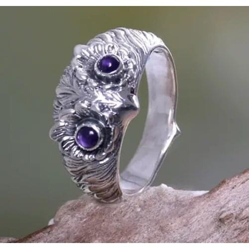 Unisex Classic Thai Silver Color Cute Owl Inlaid Purple Grape Eyes Zircon Animal Ring Men and Women Party Jewelry Gift