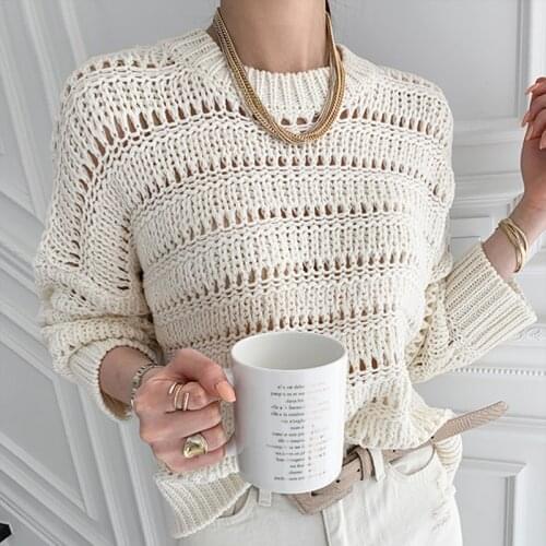 Korea Chic Simple Wild Round Neck Pullover Loose Casual Long-Sleeved Hollow Woven Mesh Knit Sweater Women