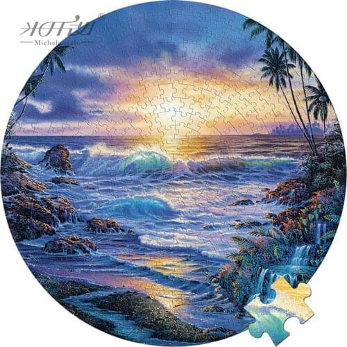 Michelangelo Round Wooden Jigsaw Puzzles 500 Pieces Seaside Landscape Beach Scenery Educational Toy Collectibles Paintings Decor