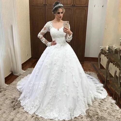Full Sleeve Lace Wedding Dress with Crystals Appliques V-Neck Tulle Bridal Ball Gown with Satin Belt vestido de noiva sereia