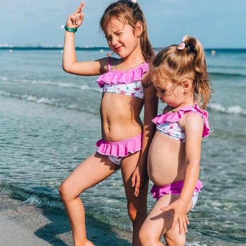3-14 Years Baby Girl Swimsuit Kids Flamingo Teenage Girl Bikini Set Falbala Little Girl Bathing Suit 2 Piece Childrens Swimwear