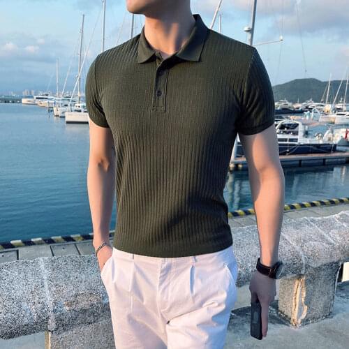 2021 Summer Mens British Style Slim Fit Knitting Tshirt Social Business T Shirt Streetwear Solid Color Clothes T-shirt M-3XL